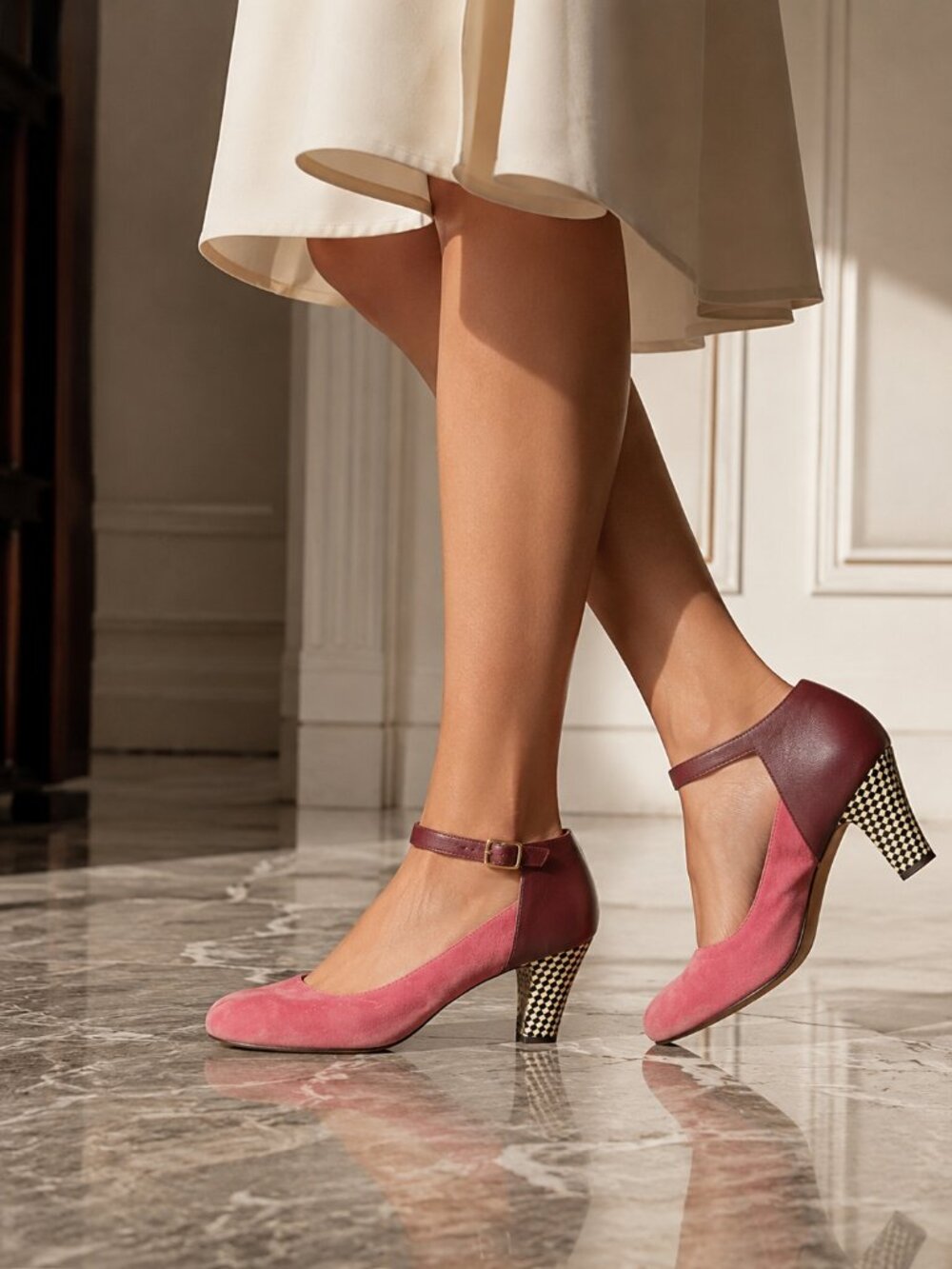 CHIE MIHARA Pink Suede Ankle Strap Checkerboard Heel Retro Luxe Designer Artsy